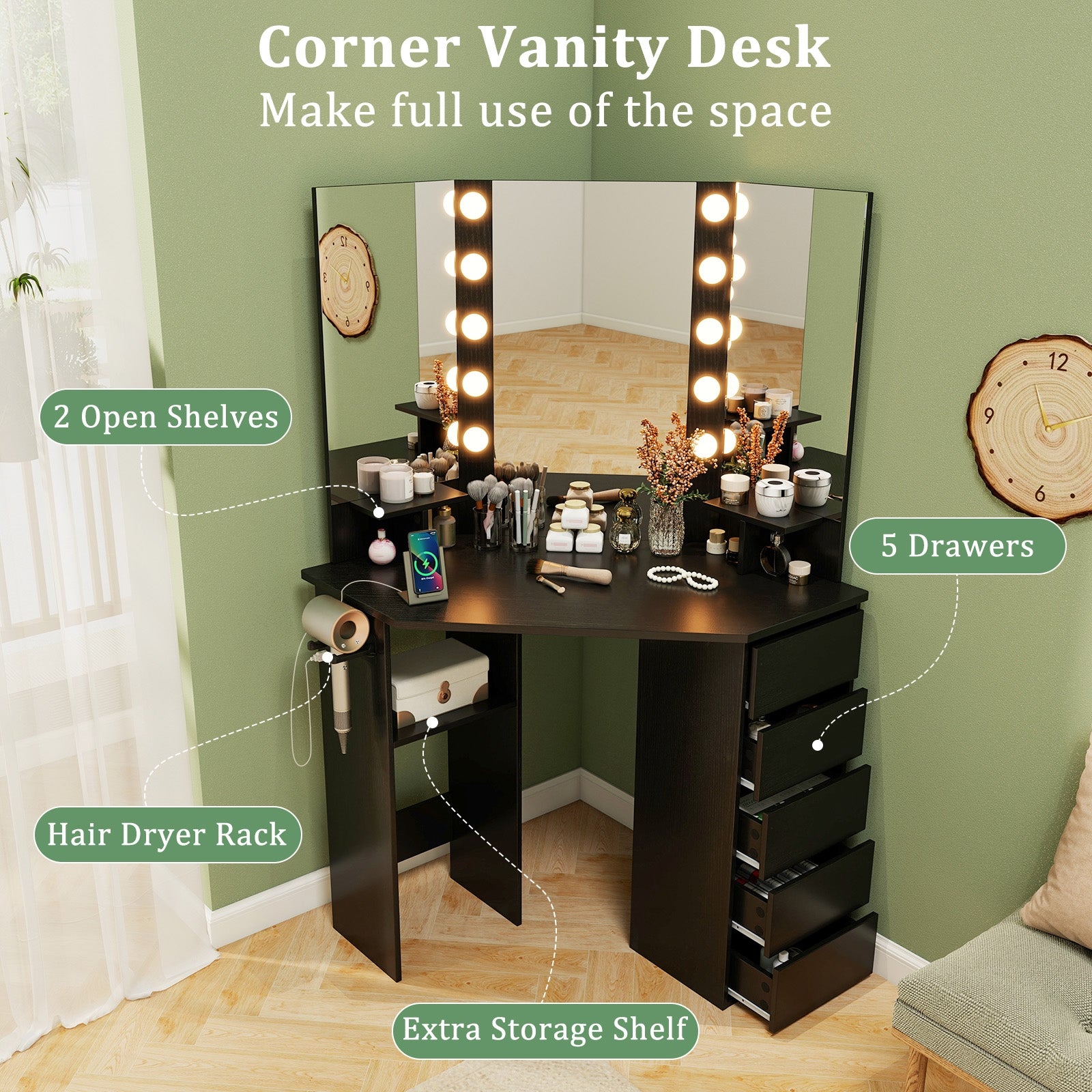 Corner Vanity Desk With LED Mirror, Power Outlet, Black Makeup Vanities at Gallery Canada