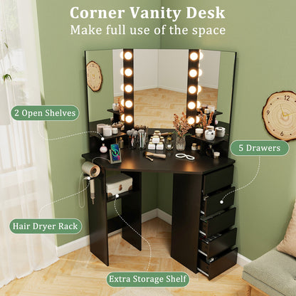 Corner Vanity Desk With LED Mirror, Power Outlet, Black Makeup Vanities at Gallery Canada