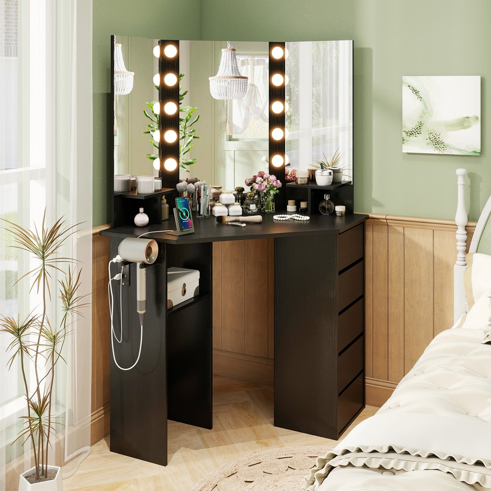 Corner Vanity Desk With LED Mirror, Power Outlet, Black Makeup Vanities at Gallery Canada