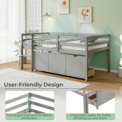 Twin Size Low Loft Bed With 3 Drawers, Ladder, Full Guardrails, Gray Trundle Bed Frame at Gallery Canada