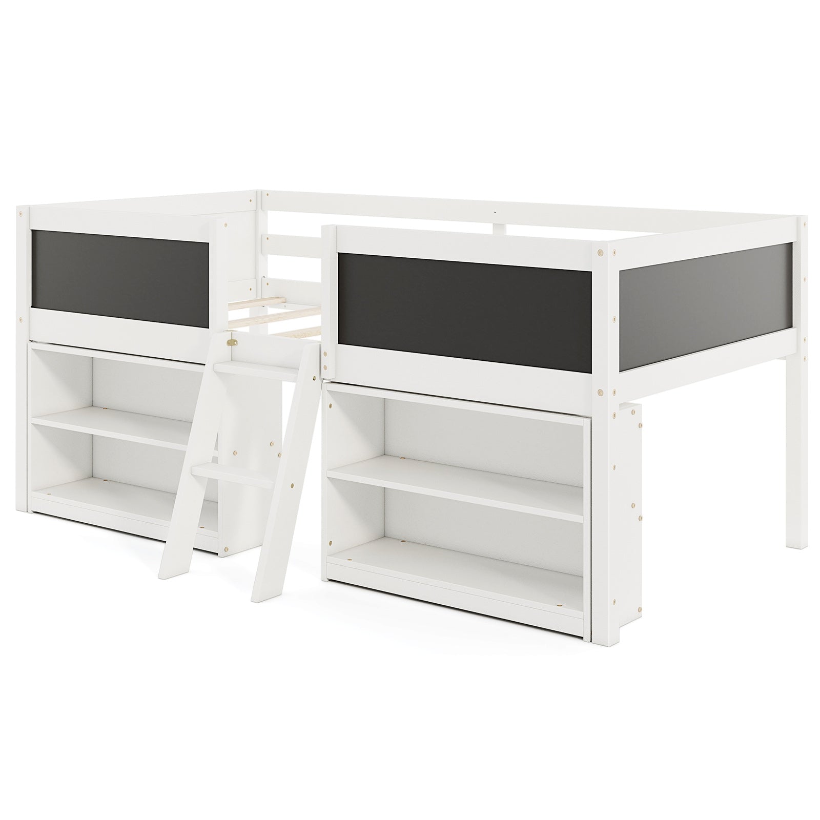 Twin Size Low Loft Bed with Chalkboard Ramp Ladder, Bookcases, White Toddler Beds White at Gallery Canada