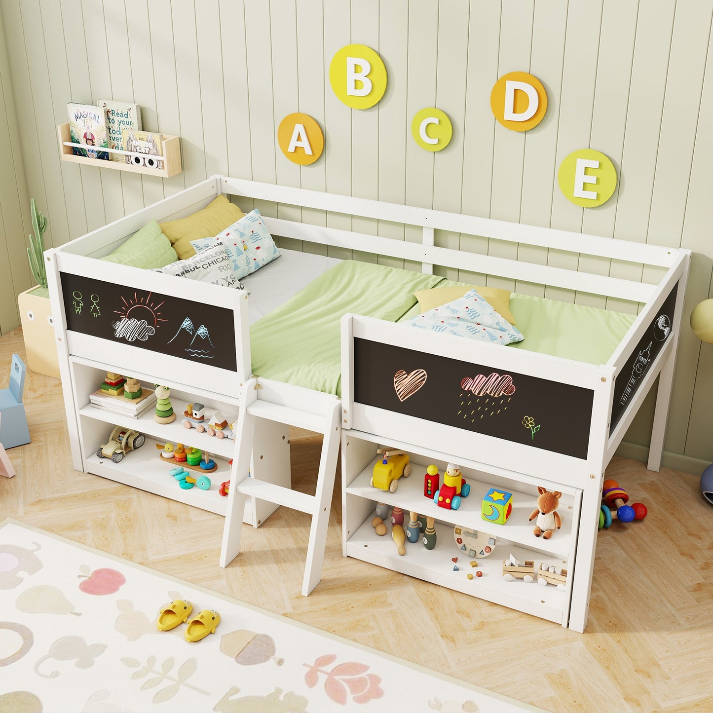 Twin Size Low Loft Bed with Chalkboard Ramp Ladder, Bookcases, White Toddler Beds at Gallery Canada