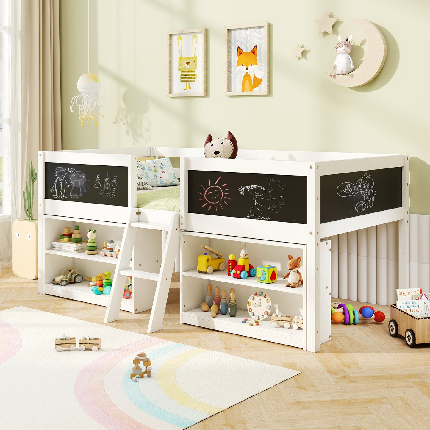 Twin Size Low Loft Bed with Chalkboard Ramp Ladder, Bookcases, White Toddler Beds at Gallery Canada