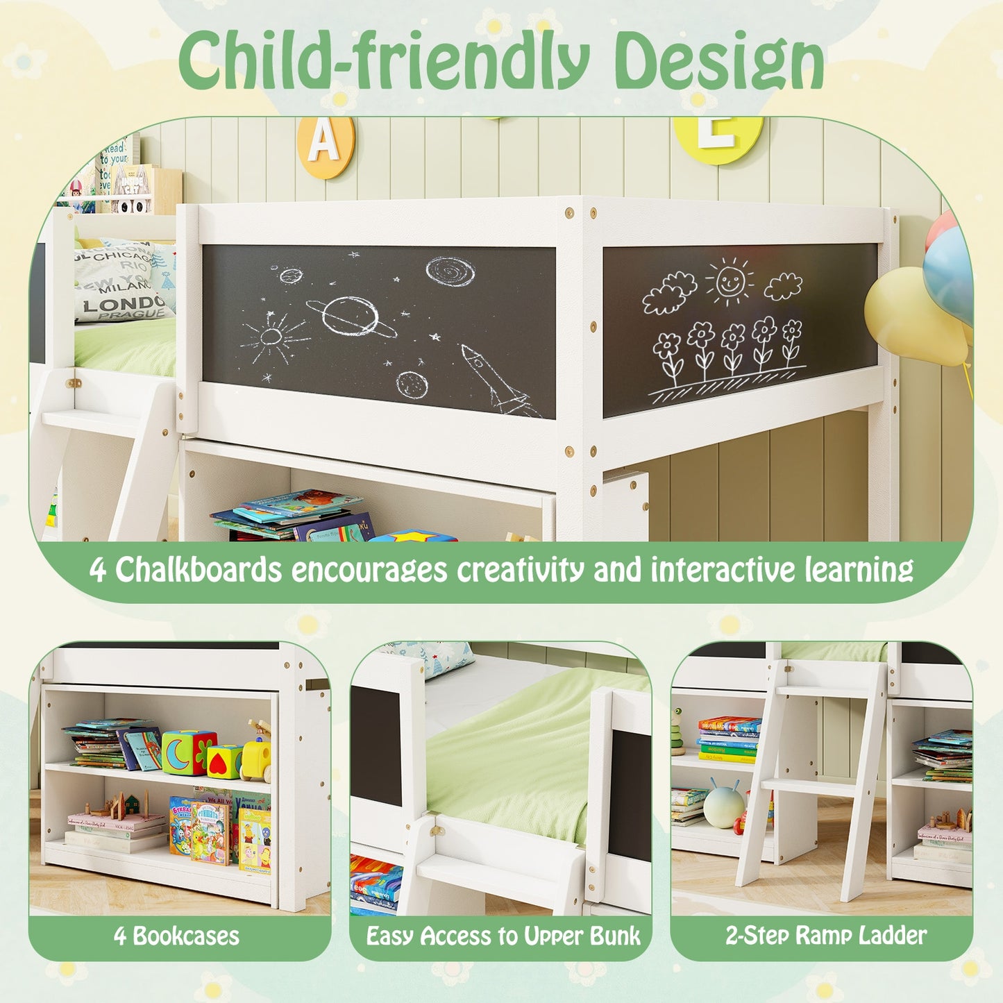Twin Size Low Loft Bed with Chalkboard Ramp Ladder, Bookcases, White Toddler Beds at Gallery Canada