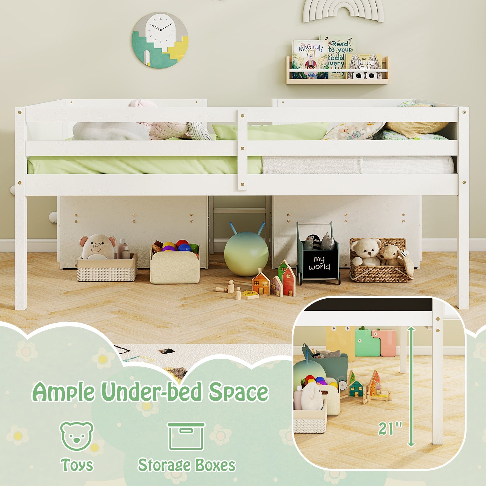 Twin Size Low Loft Bed with Chalkboard Ramp Ladder, Bookcases, White Toddler Beds at Gallery Canada