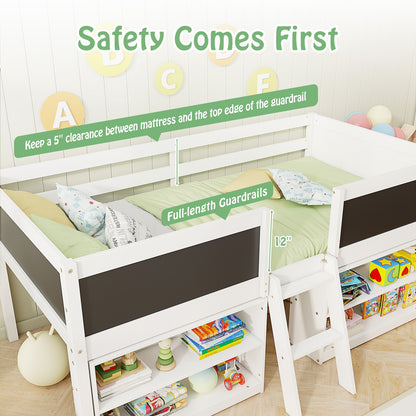 Twin Size Low Loft Bed with Chalkboard Ramp Ladder, Bookcases, White Toddler Beds at Gallery Canada