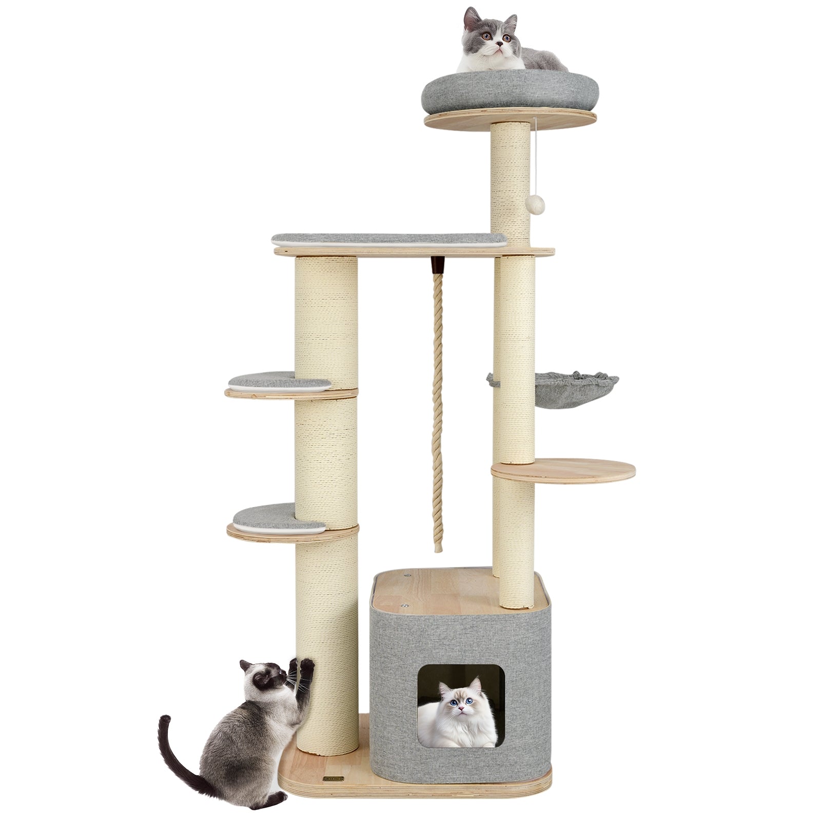 63 Inch Cat Tree, Wooden Cat Tower With Perch, Condo, Hammock, Gray Cat Trees Condos & Scratchers at Gallery Canada