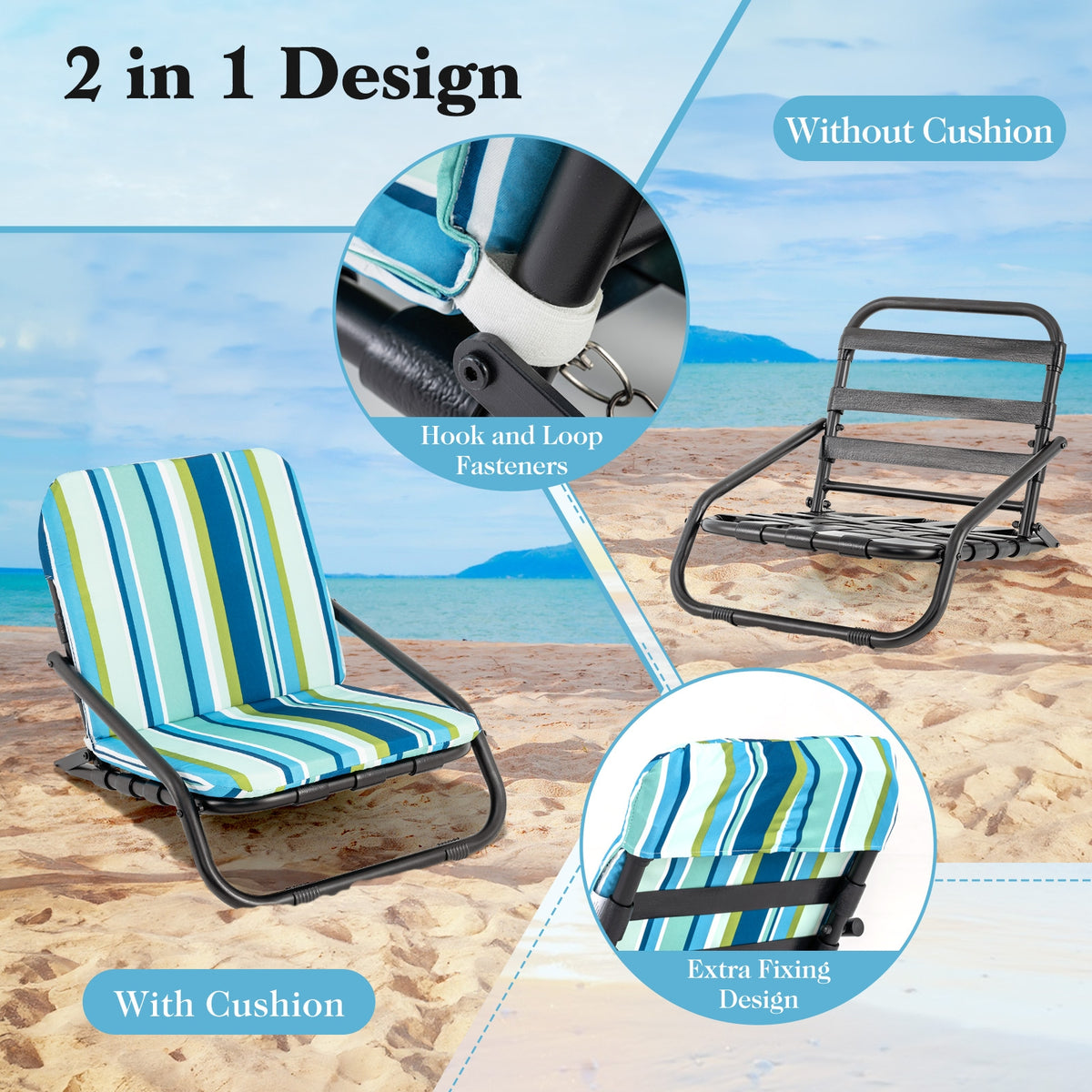 Low Folding Beach Chairs, 2 Pack With Cushion, Blue Beach & Lawn Chairs at Gallery Canada