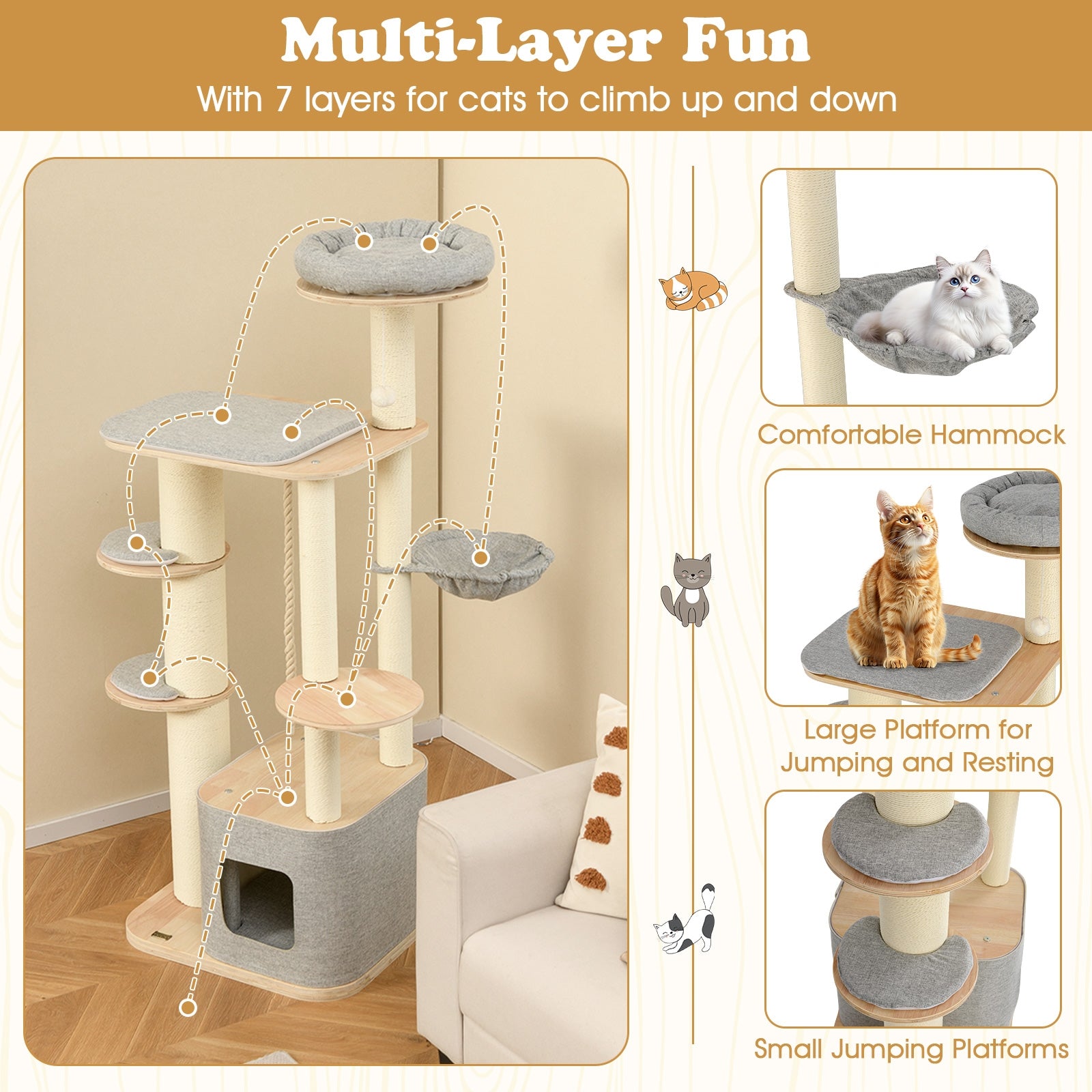 63 Inch Cat Tree, Wooden Cat Tower With Perch, Condo, Hammock, Gray Cat Trees Condos & Scratchers at Gallery Canada
