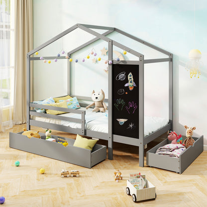 Twin Size Kids Bed With 2 Drawers, Solid Wood, Blackboard, Gray Toddler Beds at Gallery Canada