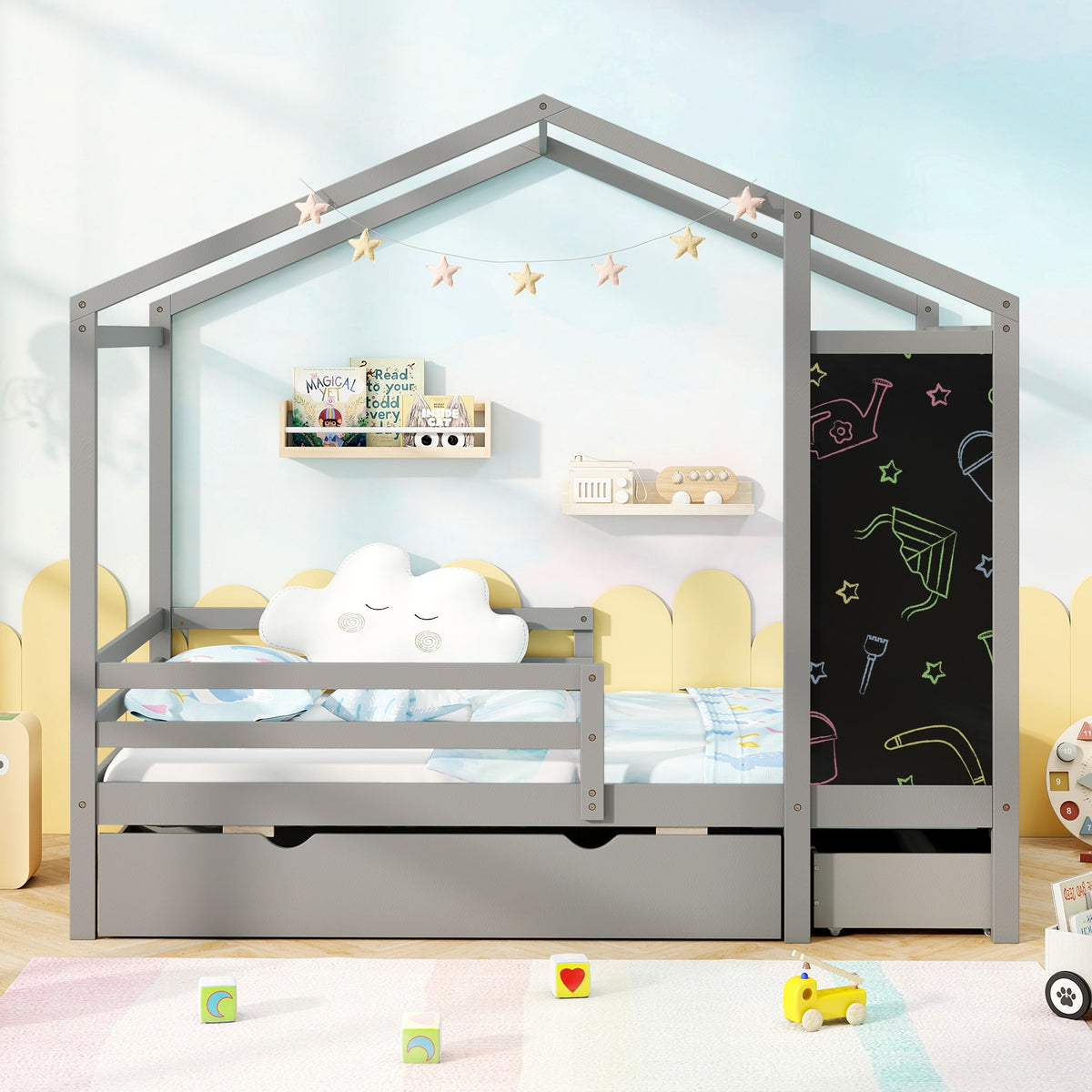 Twin Size Kids Bed With 2 Drawers, Solid Wood, Blackboard, Gray Toddler Beds at Gallery Canada