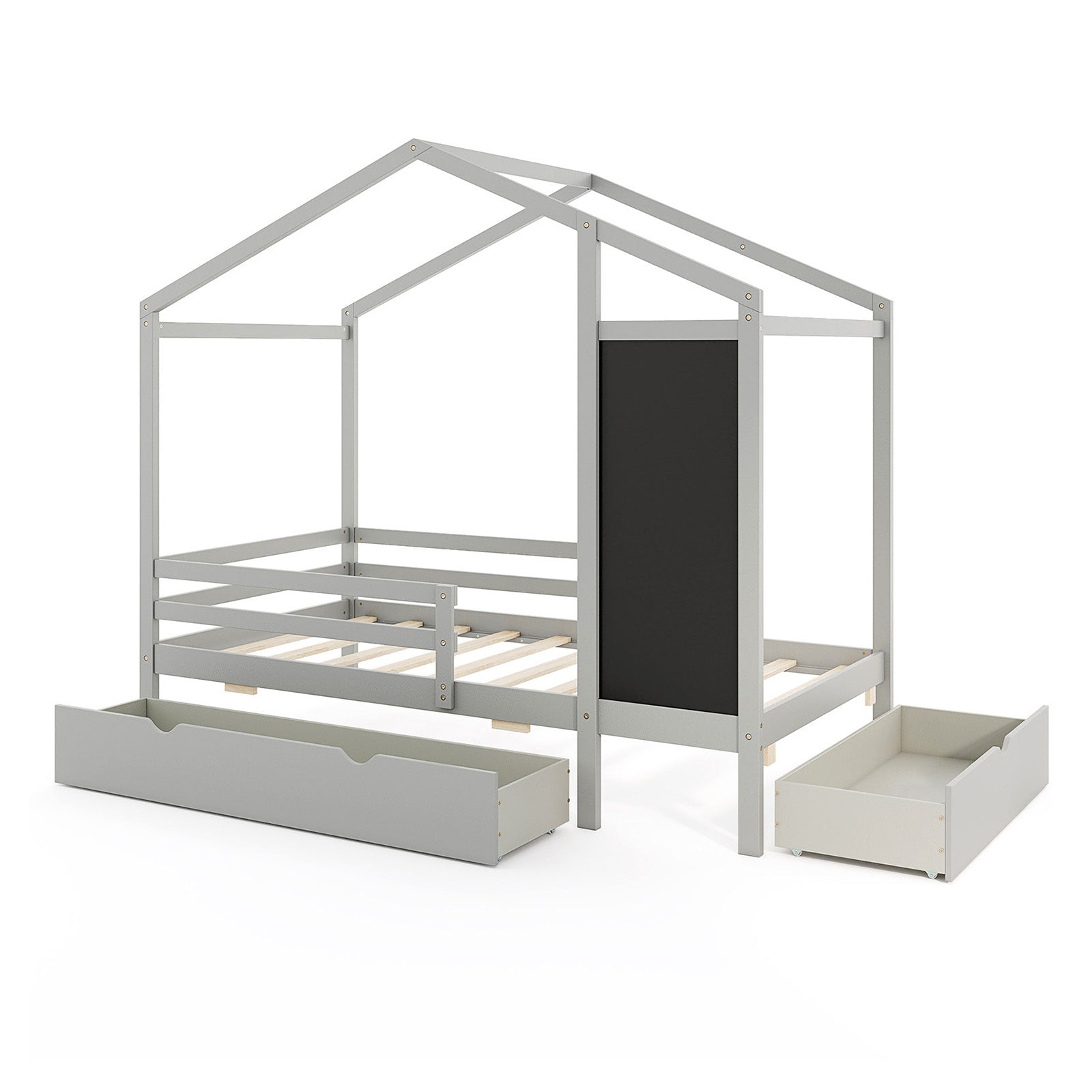 Twin Size Kids Bed With 2 Drawers, Solid Wood, Blackboard, Gray Toddler Beds Gray at Gallery Canada