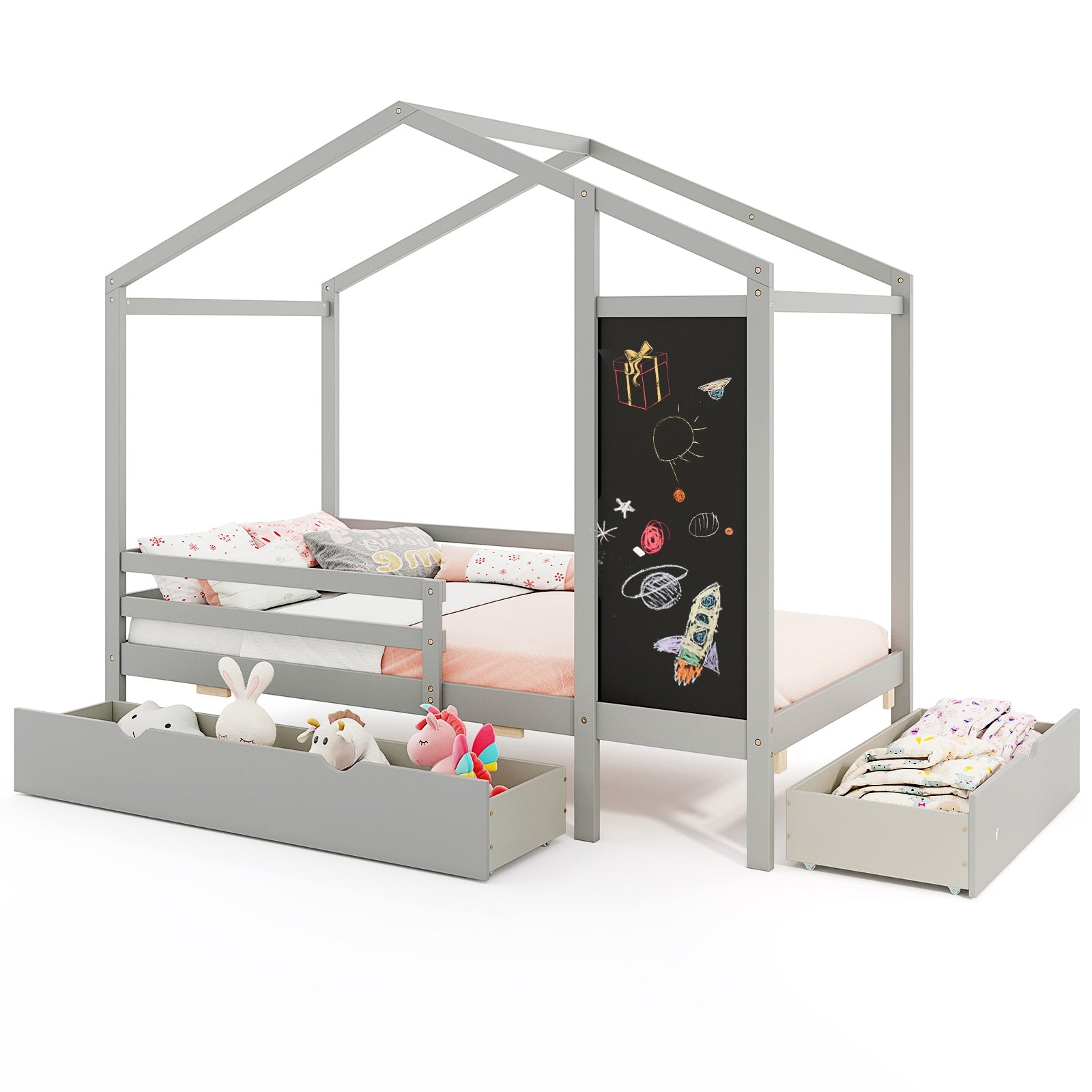 Twin Size Kids Bed With 2 Drawers, Solid Wood, Blackboard, Gray Toddler Beds at Gallery Canada