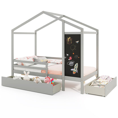 Twin Size Kids Bed With 2 Drawers, Solid Wood, Blackboard, Gray Toddler Beds at Gallery Canada