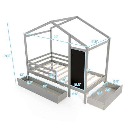 Twin Size Kids Bed With 2 Drawers, Solid Wood, Blackboard, Gray Toddler Beds at Gallery Canada