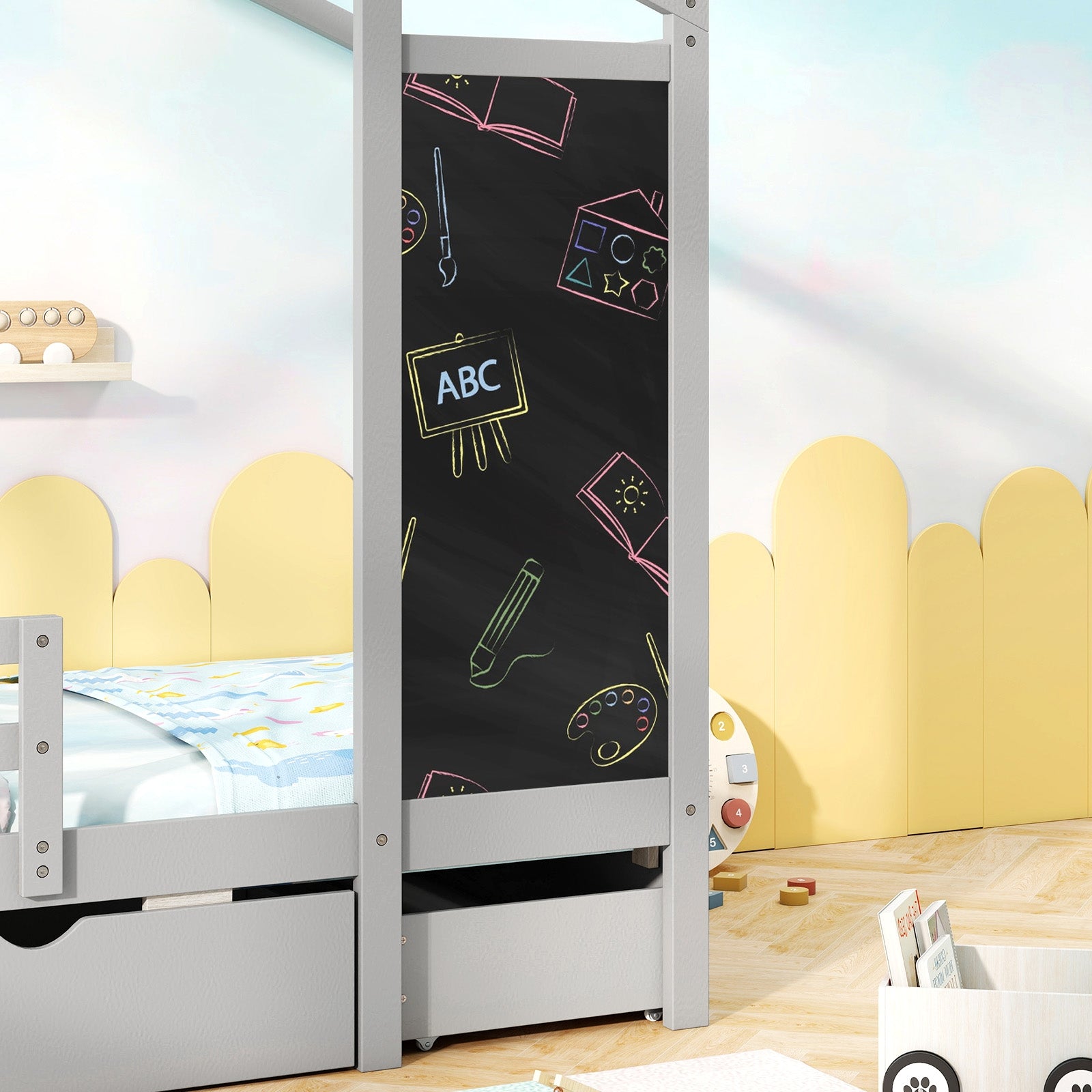 Twin Size Kids Bed With 2 Drawers, Solid Wood, Blackboard, Gray Toddler Beds at Gallery Canada