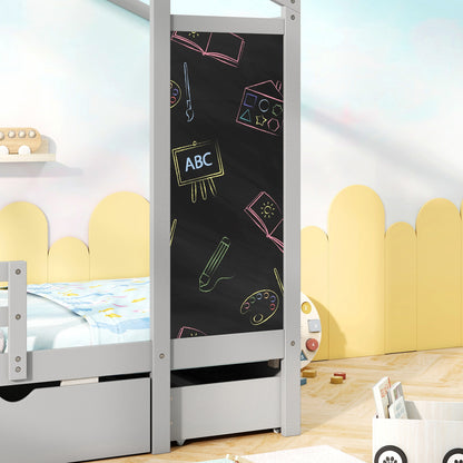 Twin Size Kids Bed With 2 Drawers, Solid Wood, Blackboard, Gray Toddler Beds at Gallery Canada