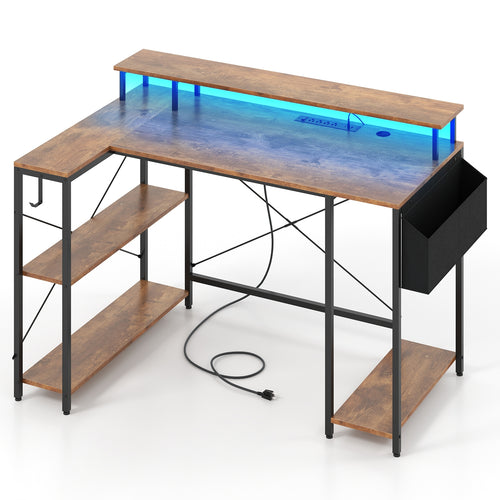 L-Shaped Gaming Desk With LED Lights, Power Outlets, Rustic Brown