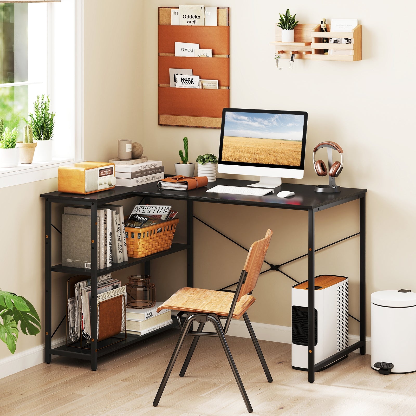 L-Shaped 47 Inch Reversible Corner Desk, Adjustable Shelves, Black L-Shaped Desks at Gallery Canada