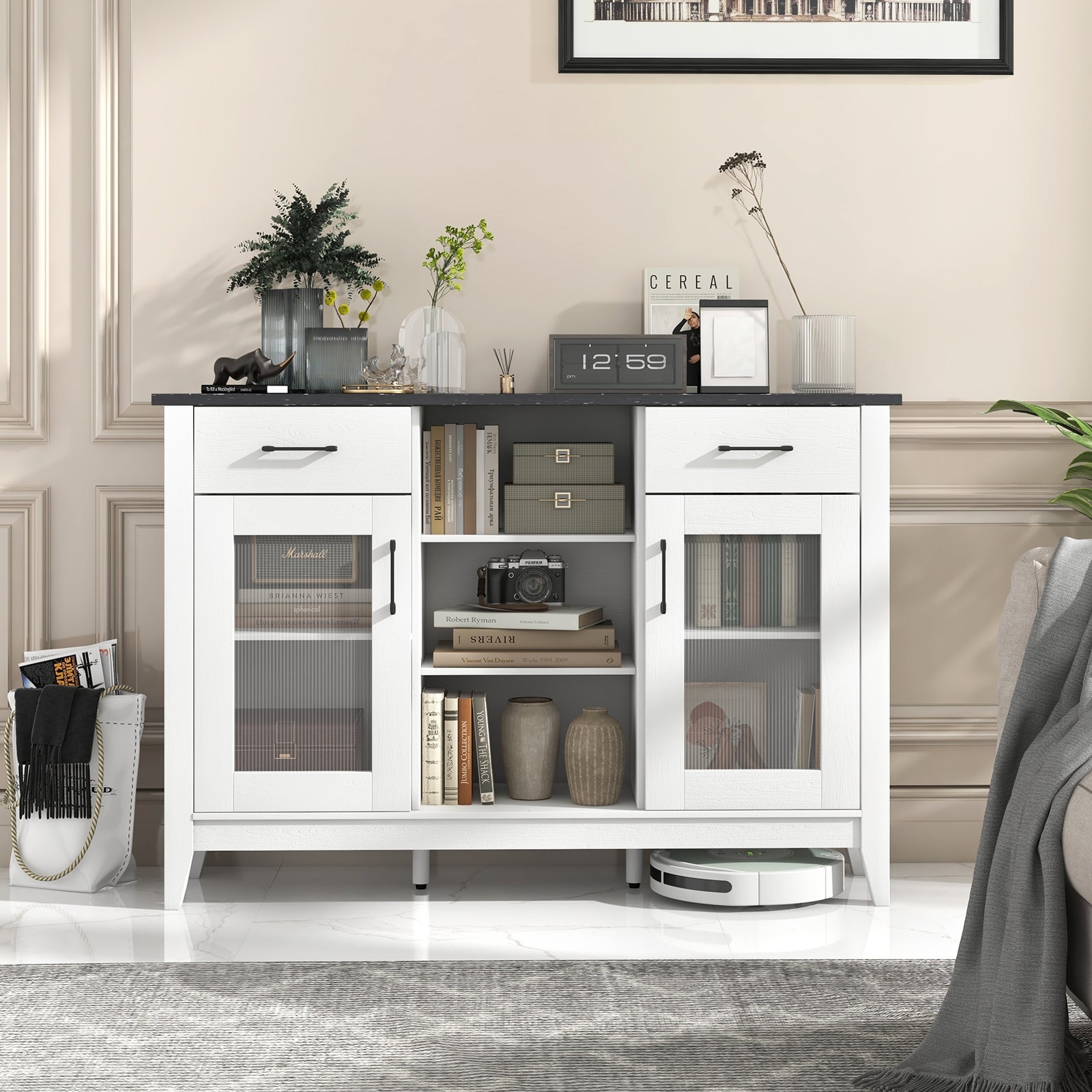 Sideboard Buffet Cabinet, 2 Drawers, 4 Adjustable Shelves, White Sideboards Cabinets & Buffets at Gallery Canada