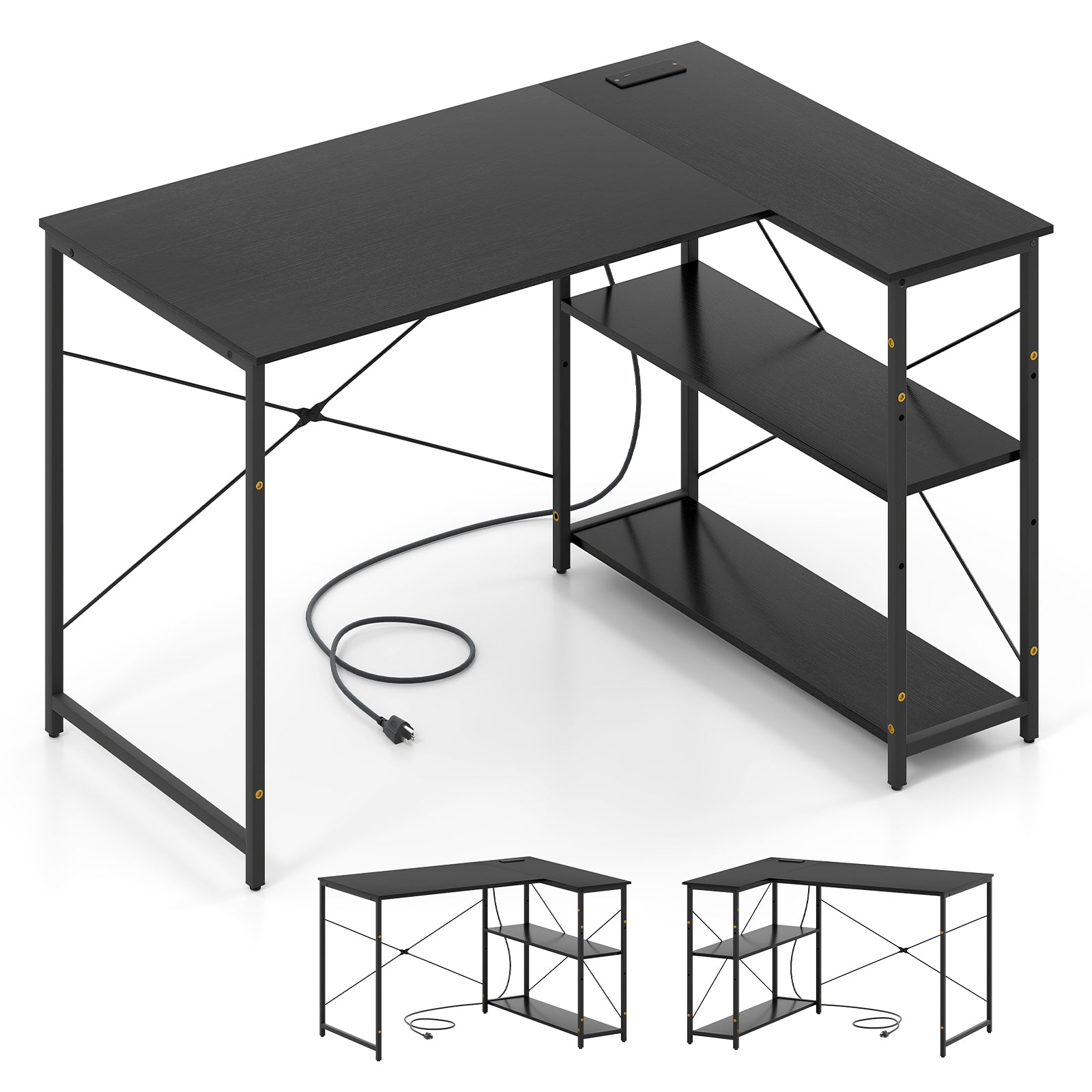 L-Shaped 47 Inch Reversible Corner Desk, Adjustable Shelves, Black L-Shaped Desks Black at Gallery Canada