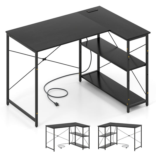 L-Shaped 47 Inch Reversible Corner Desk, Adjustable Shelves, Black L-Shaped Desks Black at Gallery Canada