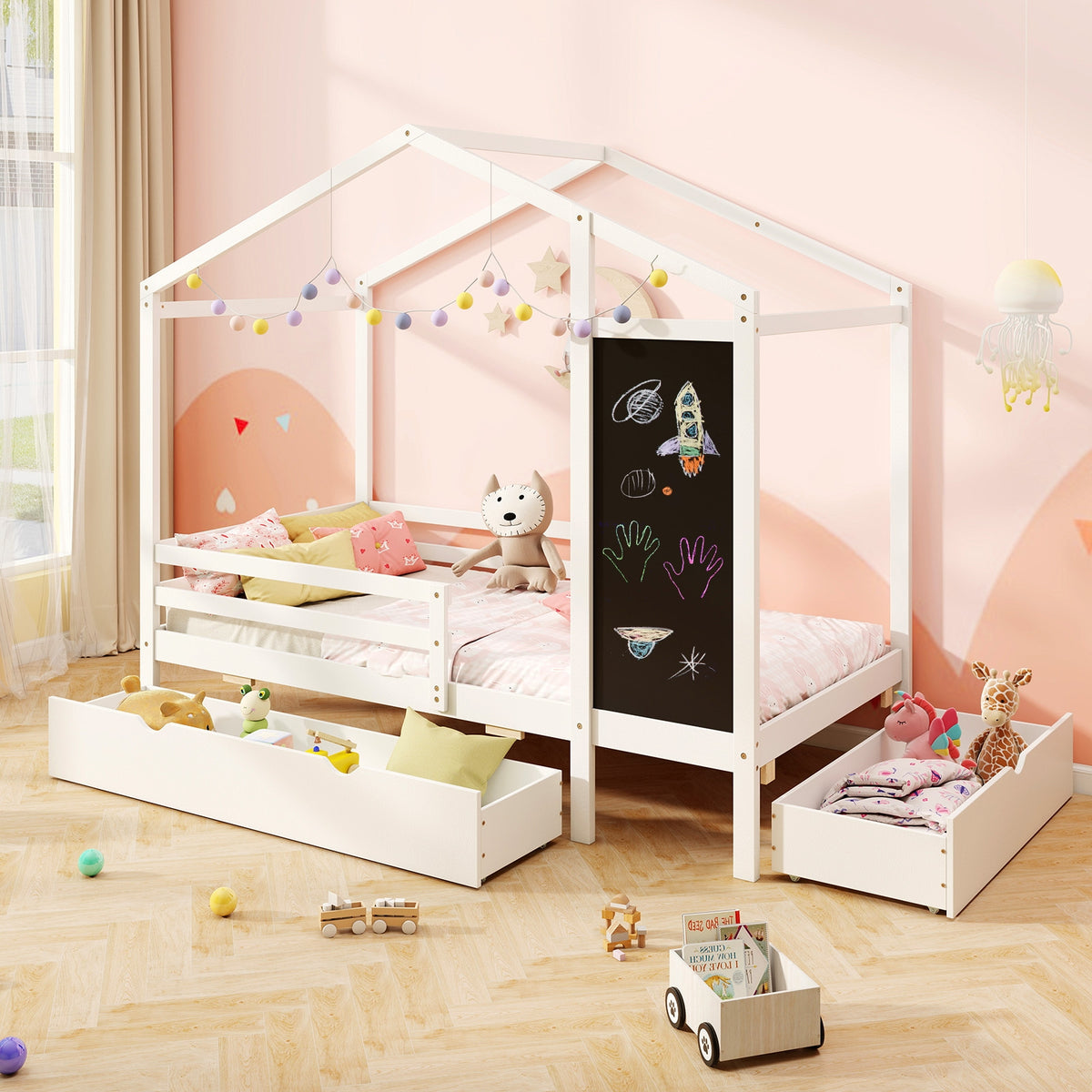 Twin Size Kids Bed With 2 Drawers, Solid Wood, Blackboard, White Toddler Beds at Gallery Canada