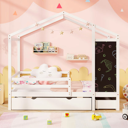 Twin Size Kids Bed With 2 Drawers, Solid Wood, Blackboard, White Toddler Beds at Gallery Canada