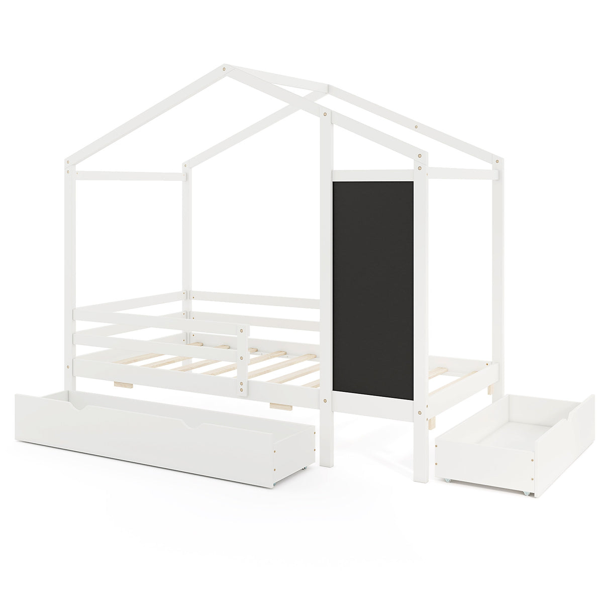 Twin Size Kids Bed With 2 Drawers, Solid Wood, Blackboard, White Toddler Beds White at Gallery Canada