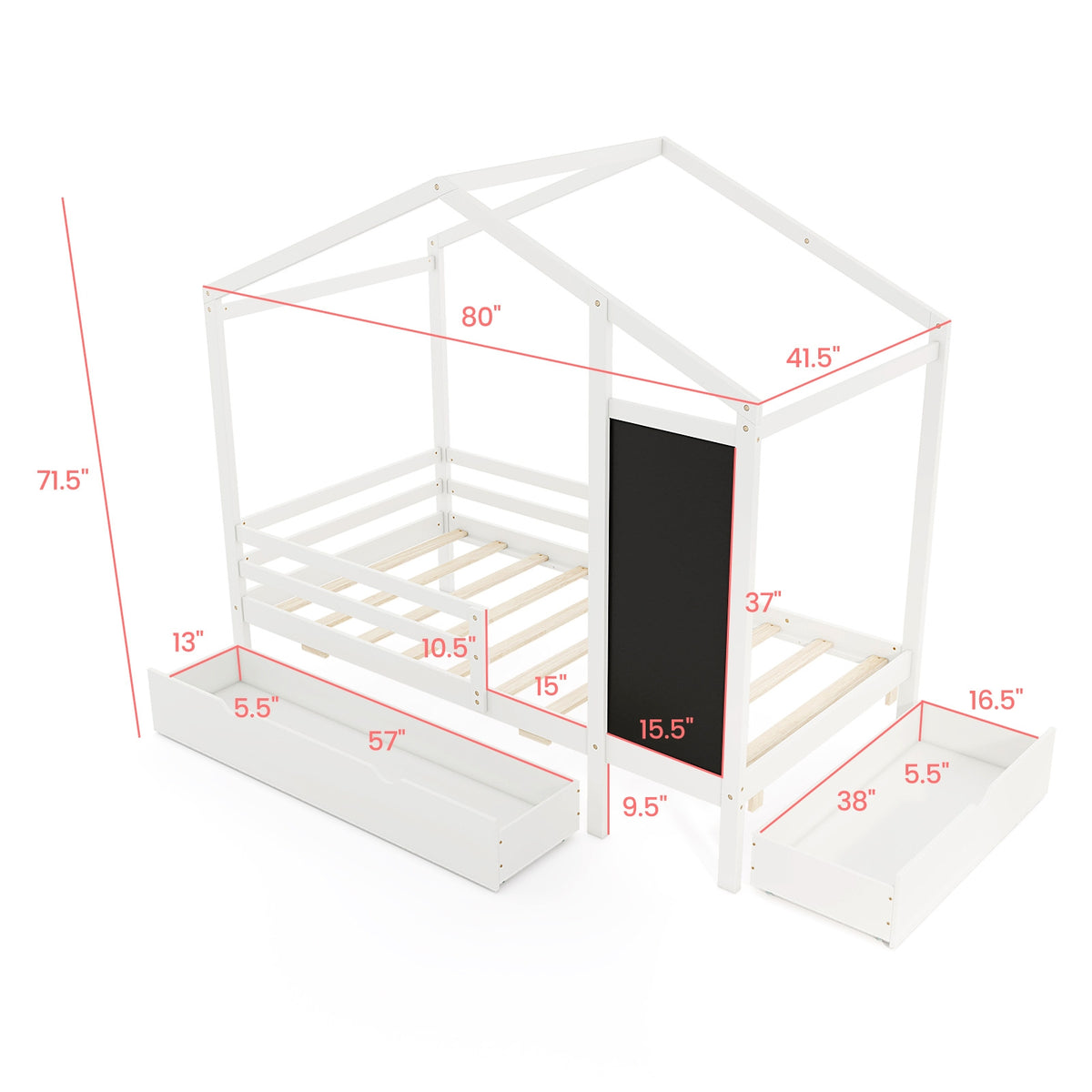 Twin Size Kids Bed With 2 Drawers, Solid Wood, Blackboard, White Toddler Beds at Gallery Canada