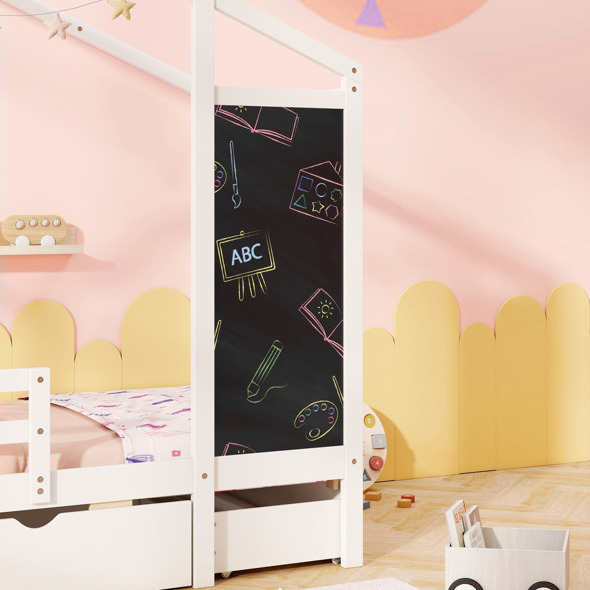 Twin Size Kids Bed With 2 Drawers, Solid Wood, Blackboard, White Toddler Beds at Gallery Canada