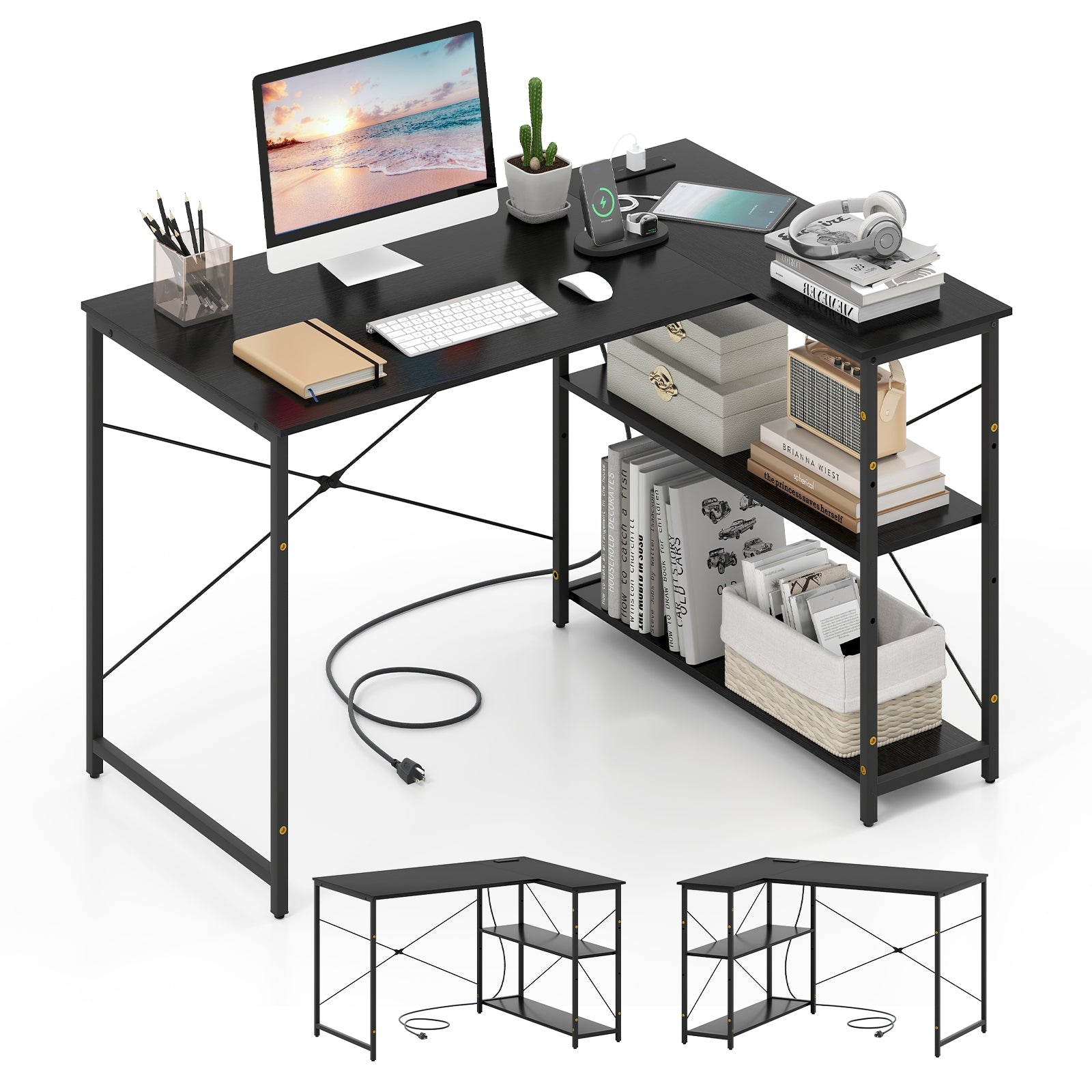 L-Shaped 47 Inch Reversible Corner Desk, Adjustable Shelves, Black L-Shaped Desks at Gallery Canada