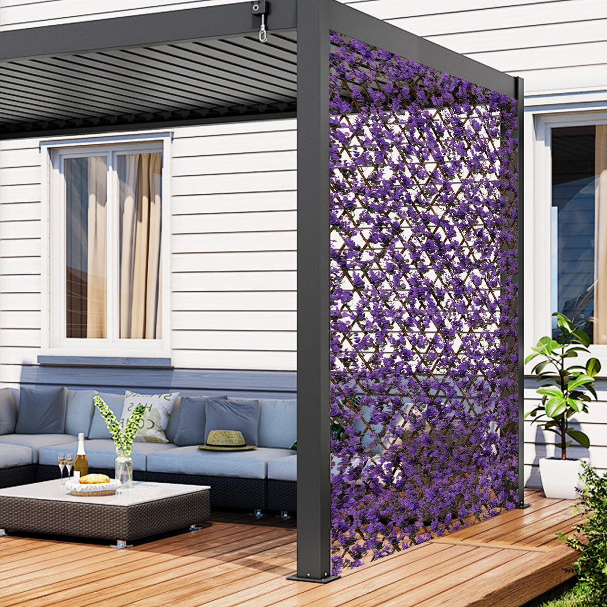 Eucalyptus Fencing Panel, Willow Frame, Balcony Patio, Purple Faux Plants at Gallery Canada