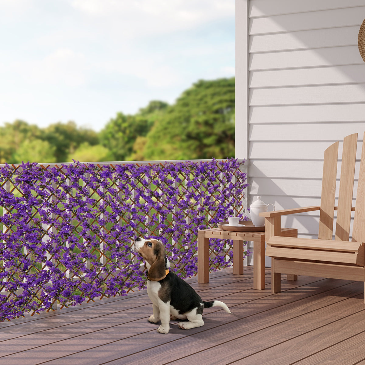 Eucalyptus Fencing Panel, Willow Frame, Balcony Patio, Purple Faux Plants at Gallery Canada