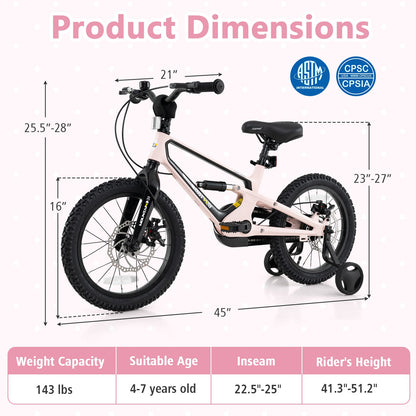 16 Inch Kids Bike with Training Wheels, Ages 4 to 7, Pink Kids Bike at Gallery Canada