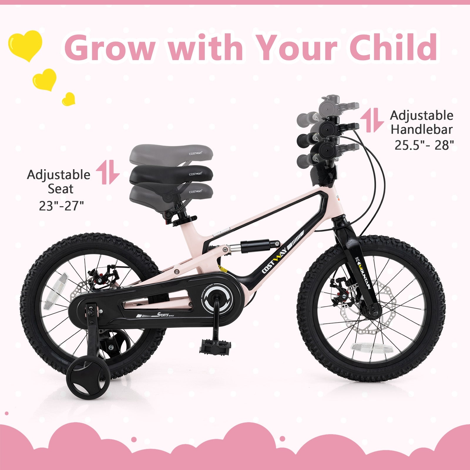 16 Inch Kids Bike with Training Wheels, Ages 4 to 7, Pink Kids Bike at Gallery Canada