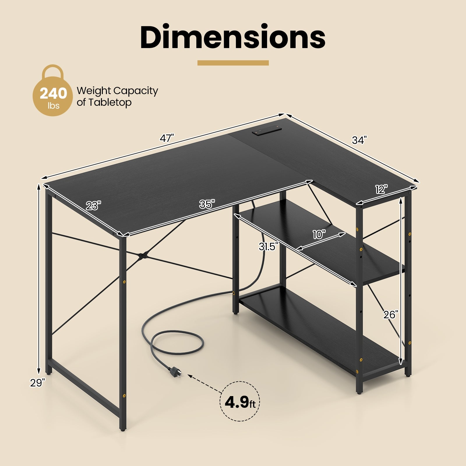 L-Shaped 47 Inch Reversible Corner Desk, Adjustable Shelves, Black L-Shaped Desks at Gallery Canada