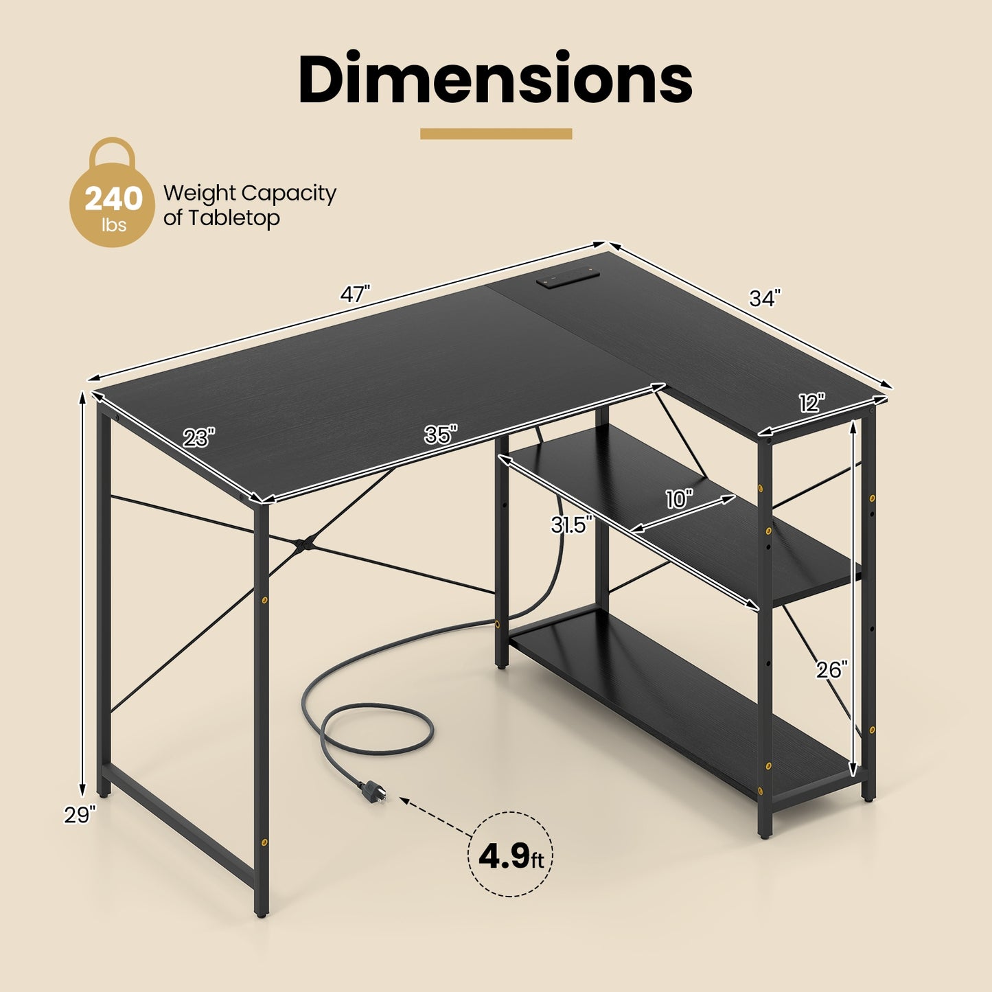 L-Shaped 47 Inch Reversible Corner Desk, Adjustable Shelves, Black L-Shaped Desks at Gallery Canada