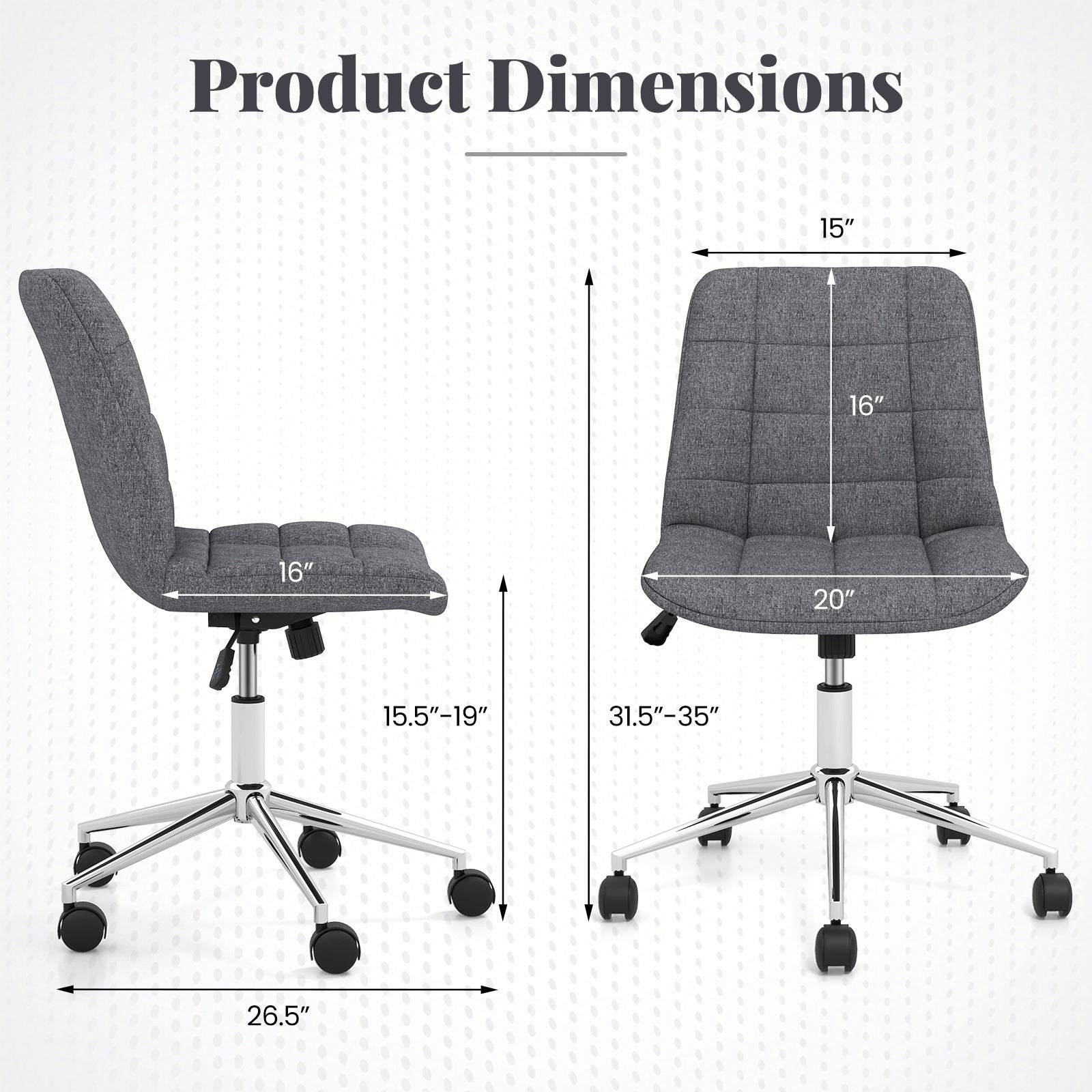 Armless Office Chair, Adjustable Height, Wheels, Grey Armless Chairs at Gallery Canada