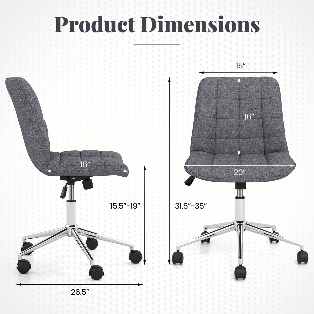 Armless Office Chair, Adjustable Height, Wheels, Grey Armless Chairs at Gallery Canada