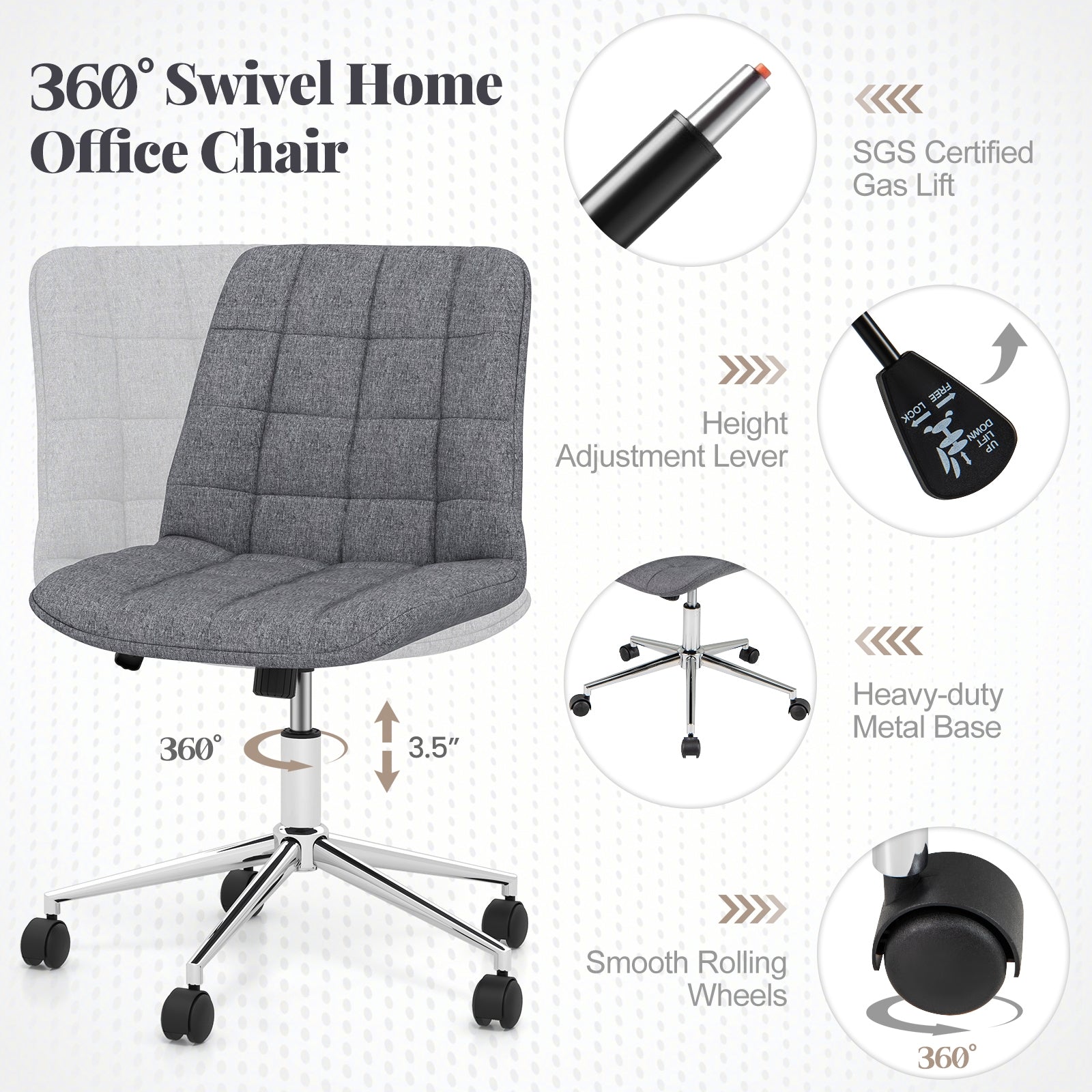Armless Office Chair, Adjustable Height, Wheels, Grey Armless Chairs at Gallery Canada