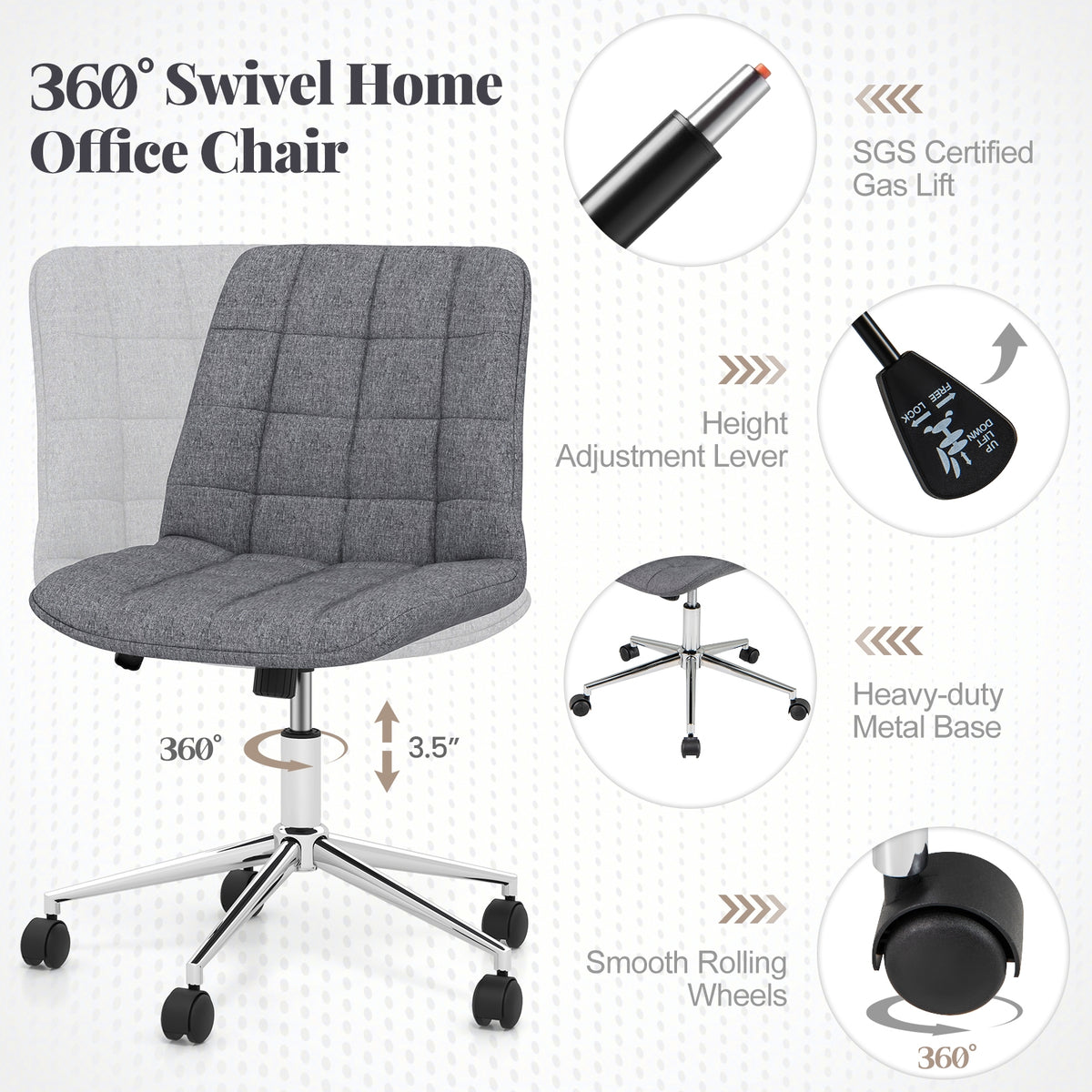 Armless Office Chair, Adjustable Height, Wheels, Grey Armless Chairs at Gallery Canada