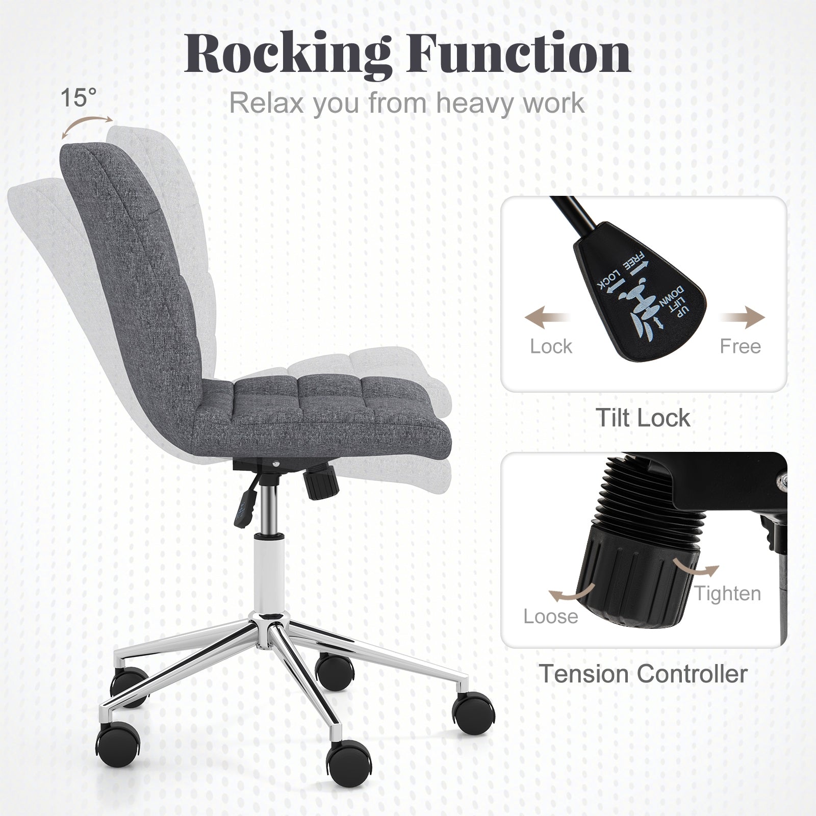 Armless Office Chair, Adjustable Height, Wheels, Grey Armless Chairs at Gallery Canada