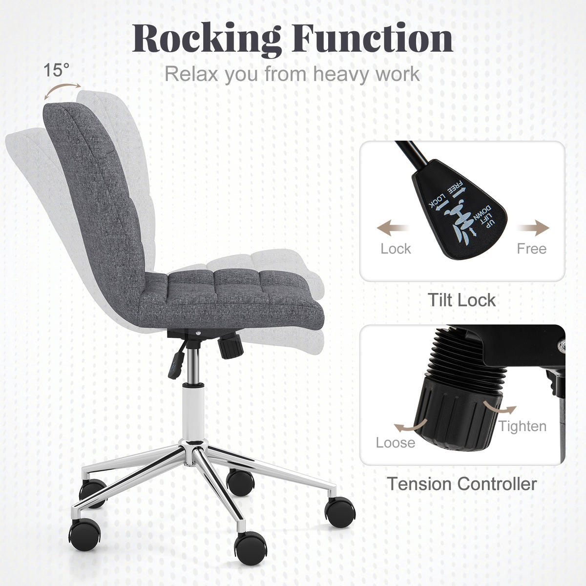 Armless Office Chair, Adjustable Height, Wheels, Grey Armless Chairs at Gallery Canada