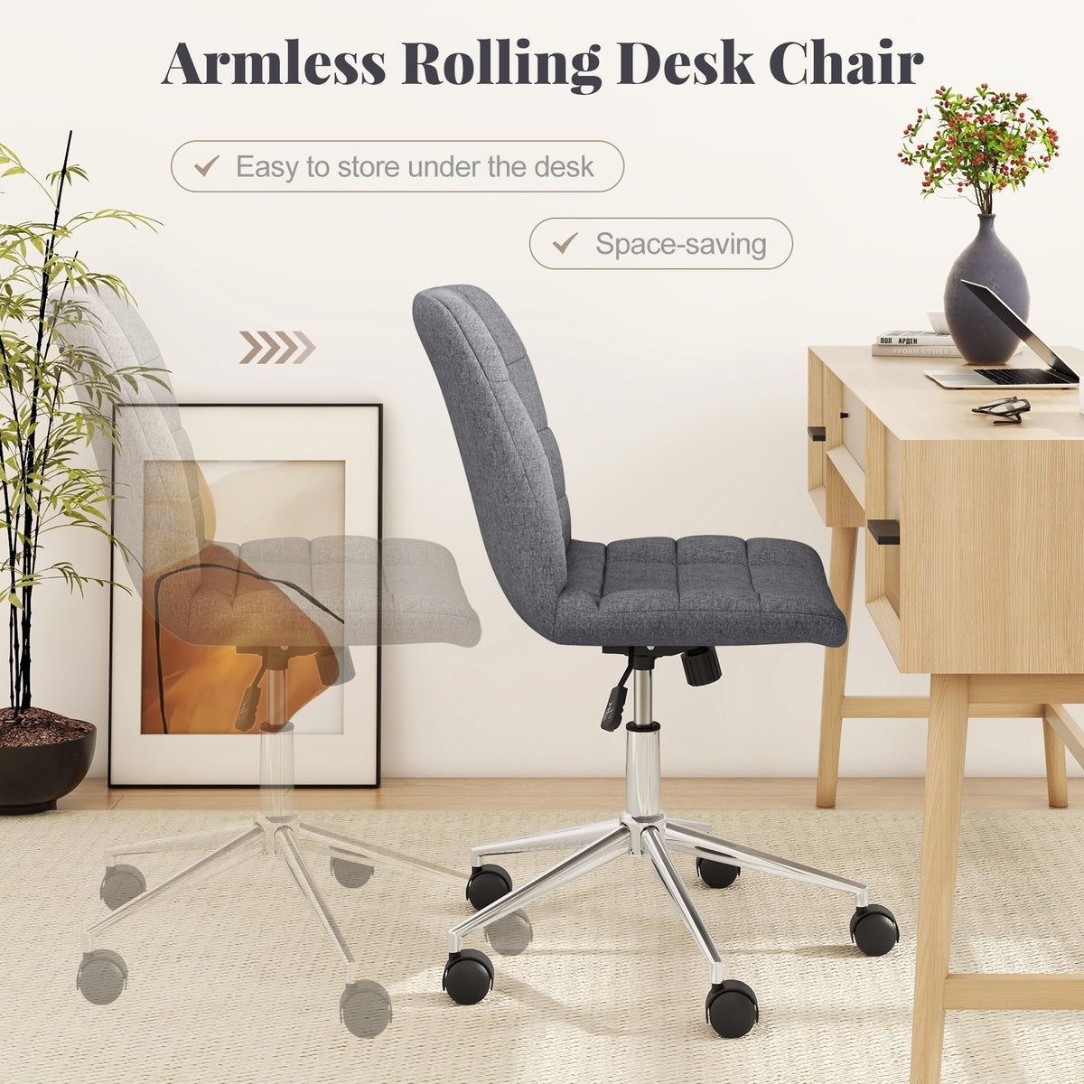 Armless Office Chair, Adjustable Height, Wheels, Grey Armless Chairs at Gallery Canada