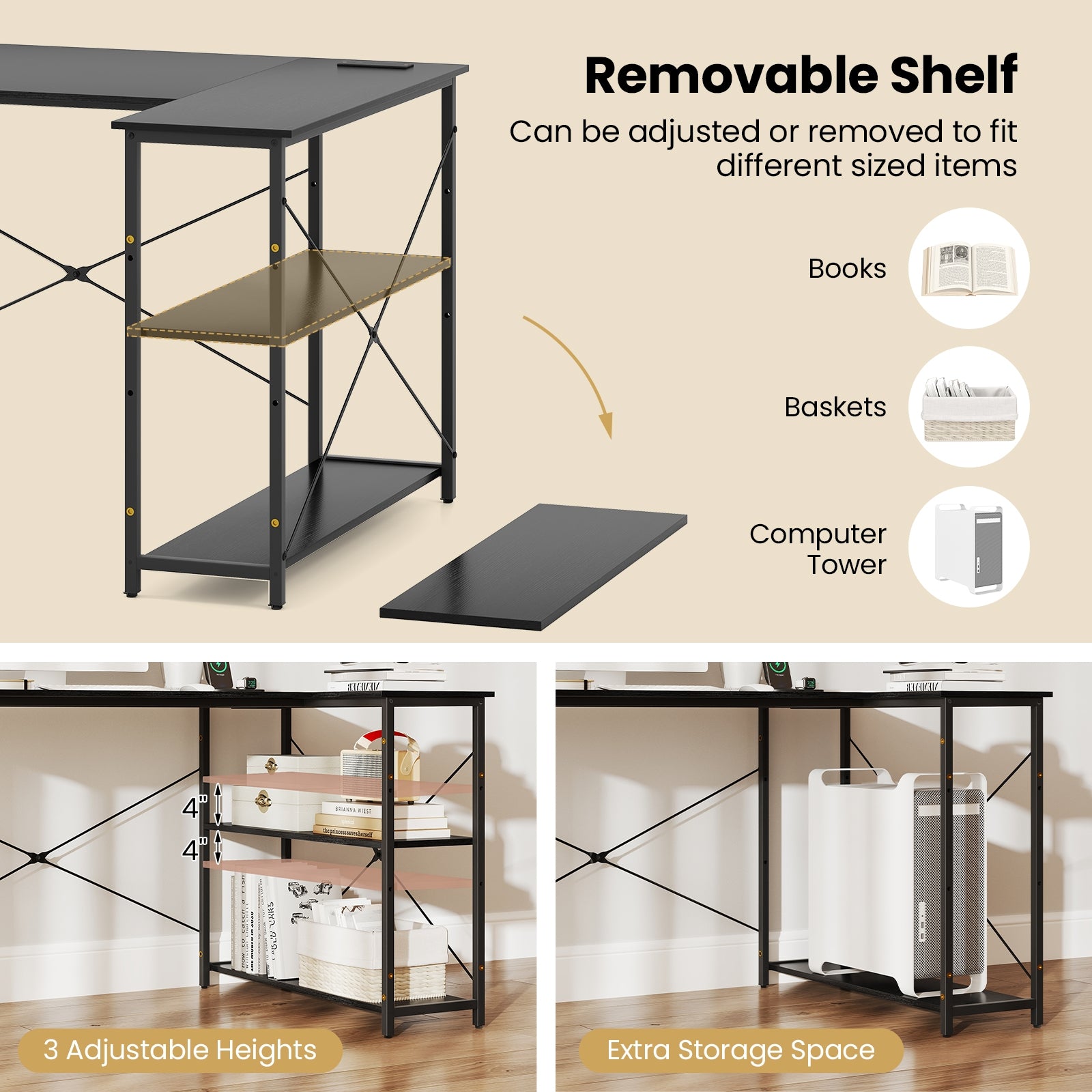 L-Shaped 47 Inch Reversible Corner Desk, Adjustable Shelves, Black L-Shaped Desks at Gallery Canada