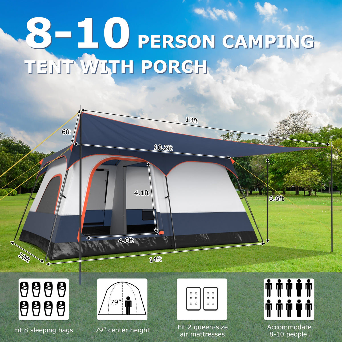 8-10 Person Camping Tent, Double Rooms, 2 Doors, Navy Tents at Gallery Canada