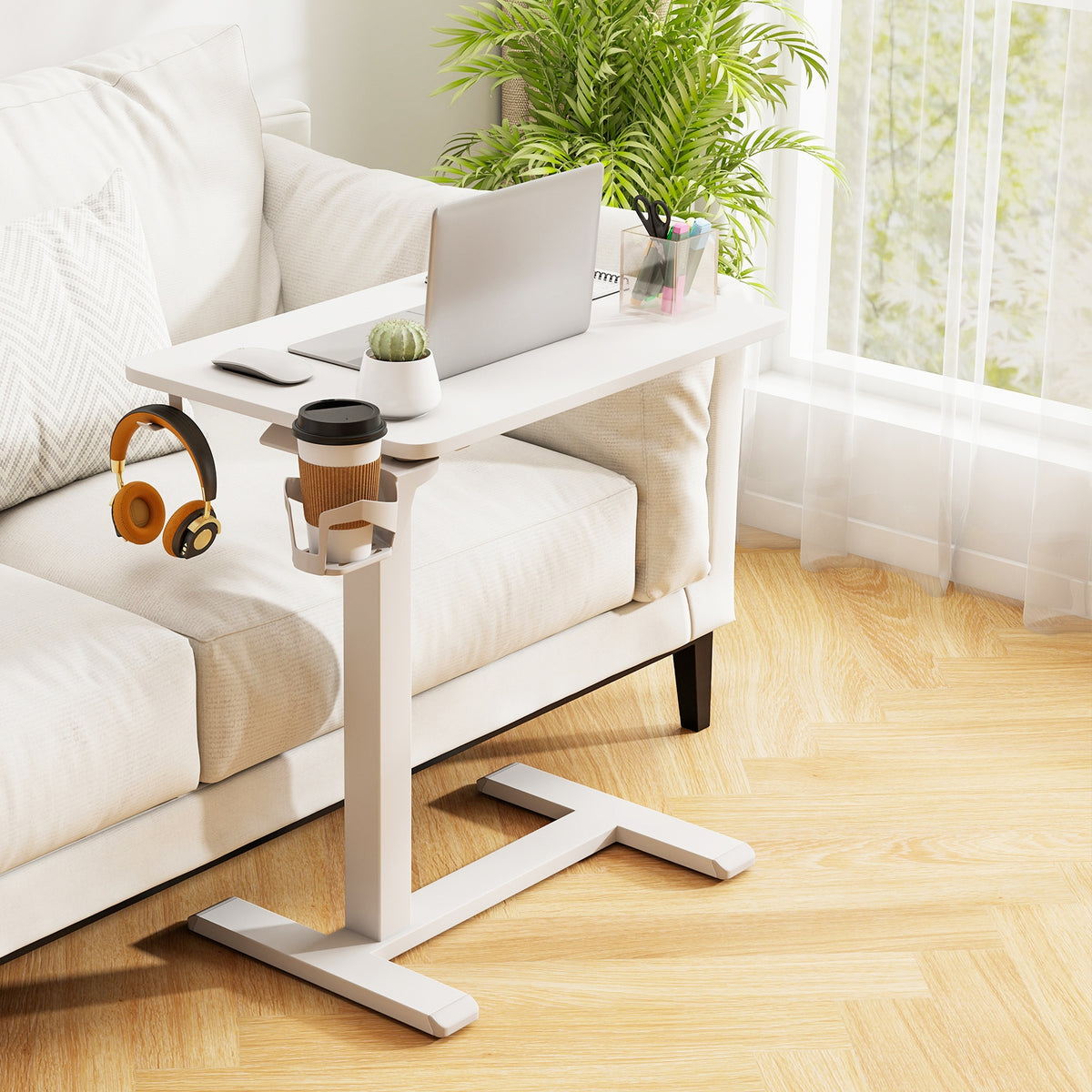 Mobile Standing Desk, Height Adjustable Overbed Table With Cup Holder, White End & Side Tables at Gallery Canada