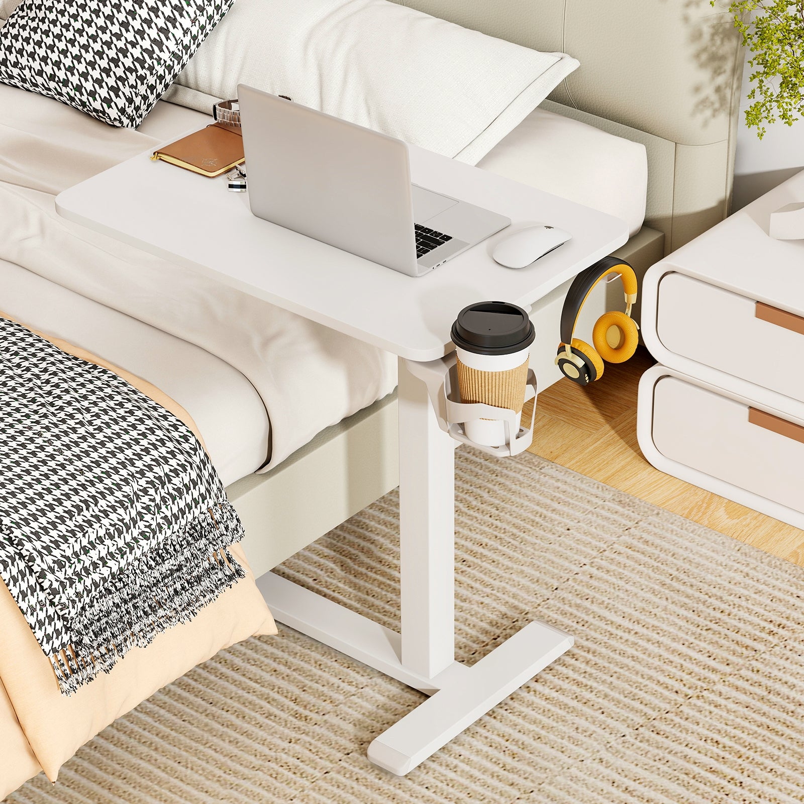 Mobile Standing Desk, Height Adjustable Overbed Table With Cup Holder, White End & Side Tables at Gallery Canada