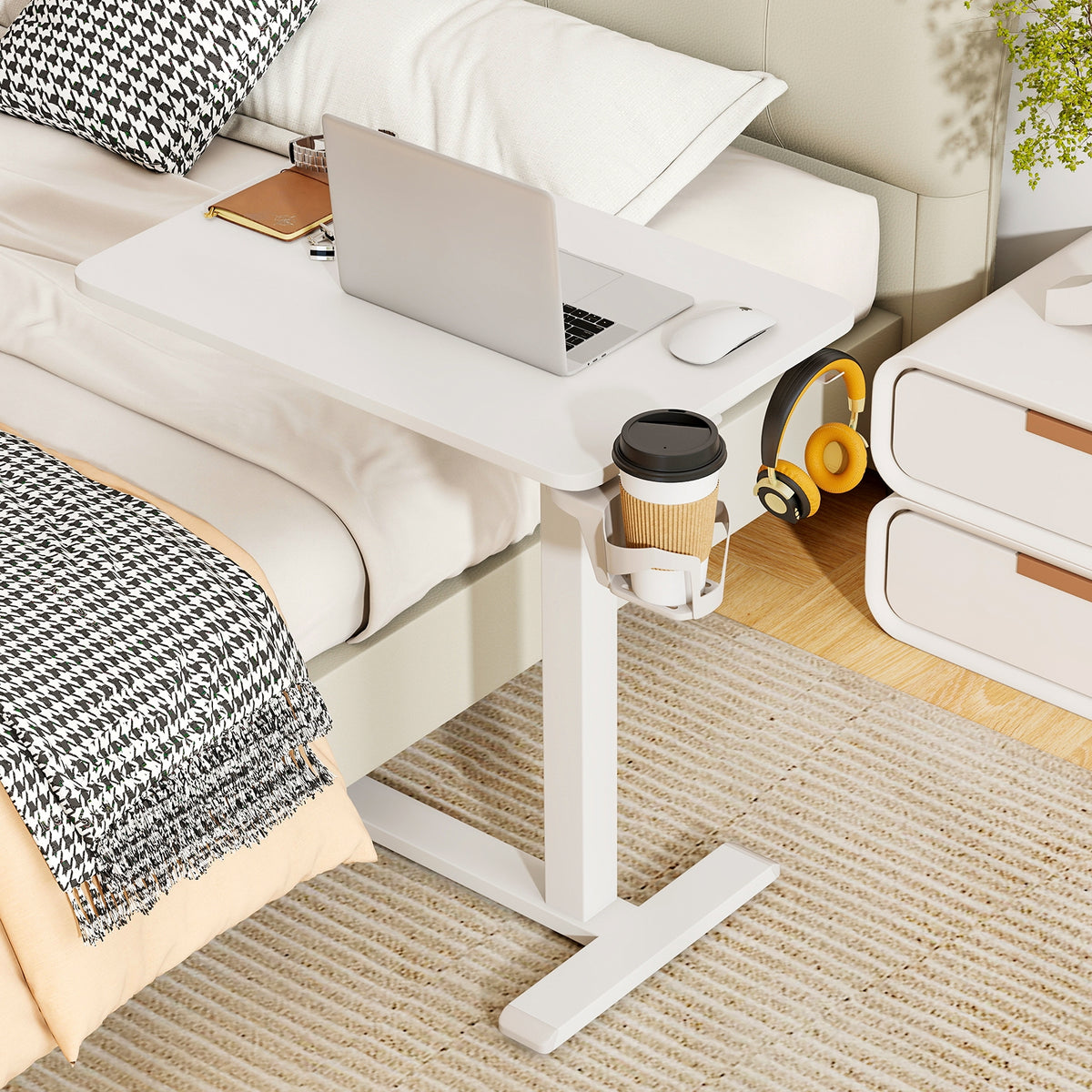 Mobile Standing Desk, Height Adjustable Overbed Table With Cup Holder, White End & Side Tables at Gallery Canada